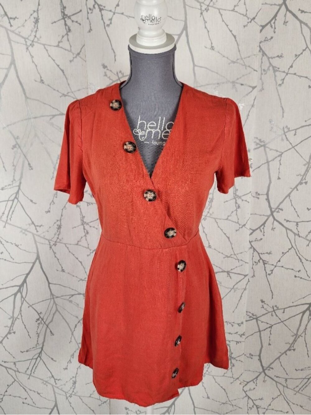 Moon River Orange Artsy Asymmetrical Button Faux Wrap Mini Dress